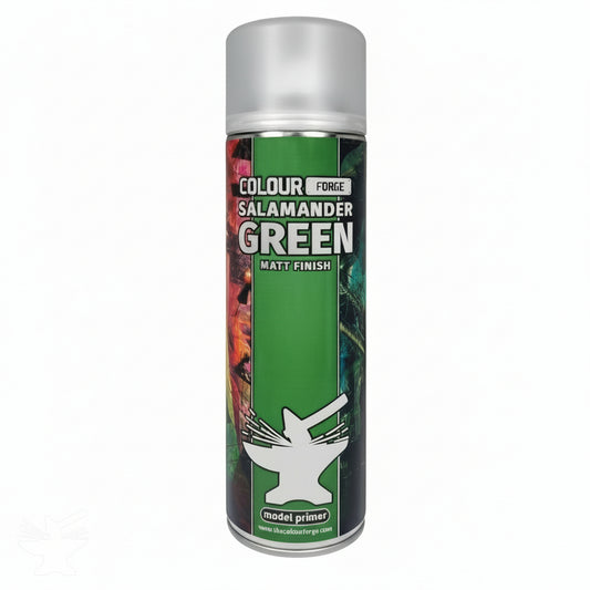 A can of Colour Forge aerosol spray primer in Salamander Green, 500ml size, for miniature undercoat priming