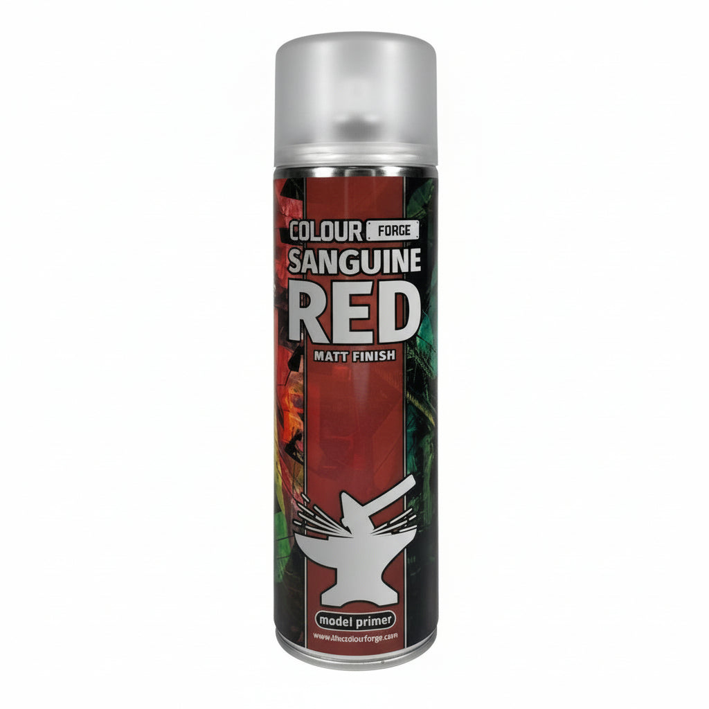A can of Colour Forge aerosol spray primer in Sanguine Red, 500ml size, for miniature undercoat priming.