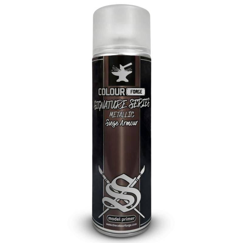 A can of Colour Forge aerosol spray primer in Siege Armour, 500ml size, for miniature undercoat priming.