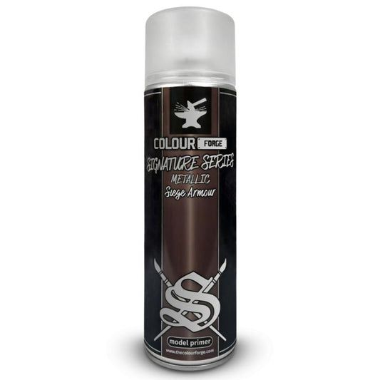A can of Colour Forge aerosol spray primer in Siege Armour, 500ml size, for miniature undercoat priming.