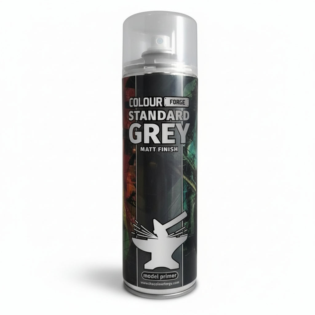 A can of Colour Forge aerosol spray primer in Standard Grey, 500ml size, for miniature undercoat priming.