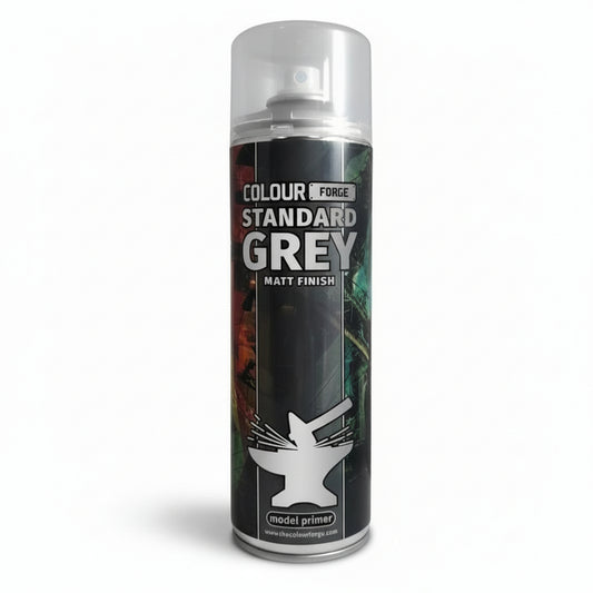 A can of Colour Forge aerosol spray primer in Standard Grey, 500ml size, for miniature undercoat priming.
