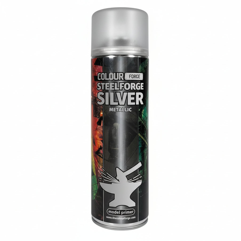 A can of Colour Forge aerosol spray primer in Steelforge Silver metallic color for miniature painting.