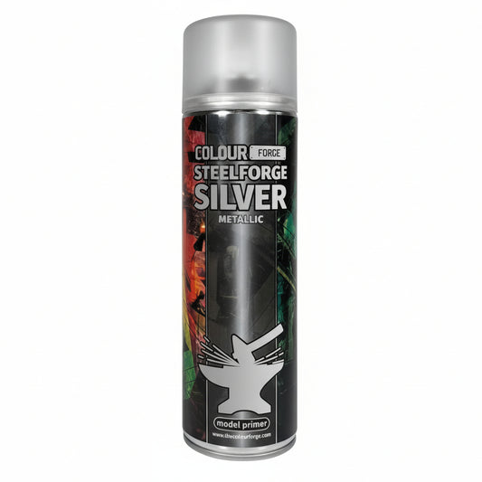 A can of Colour Forge aerosol spray primer in Steelforge Silver metallic color for miniature painting.