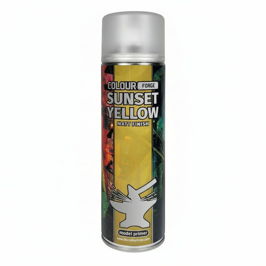 A can of Colour Forge aerosol spray primer in Sunset Yellow, 500ml size, for miniature undercoat priming.