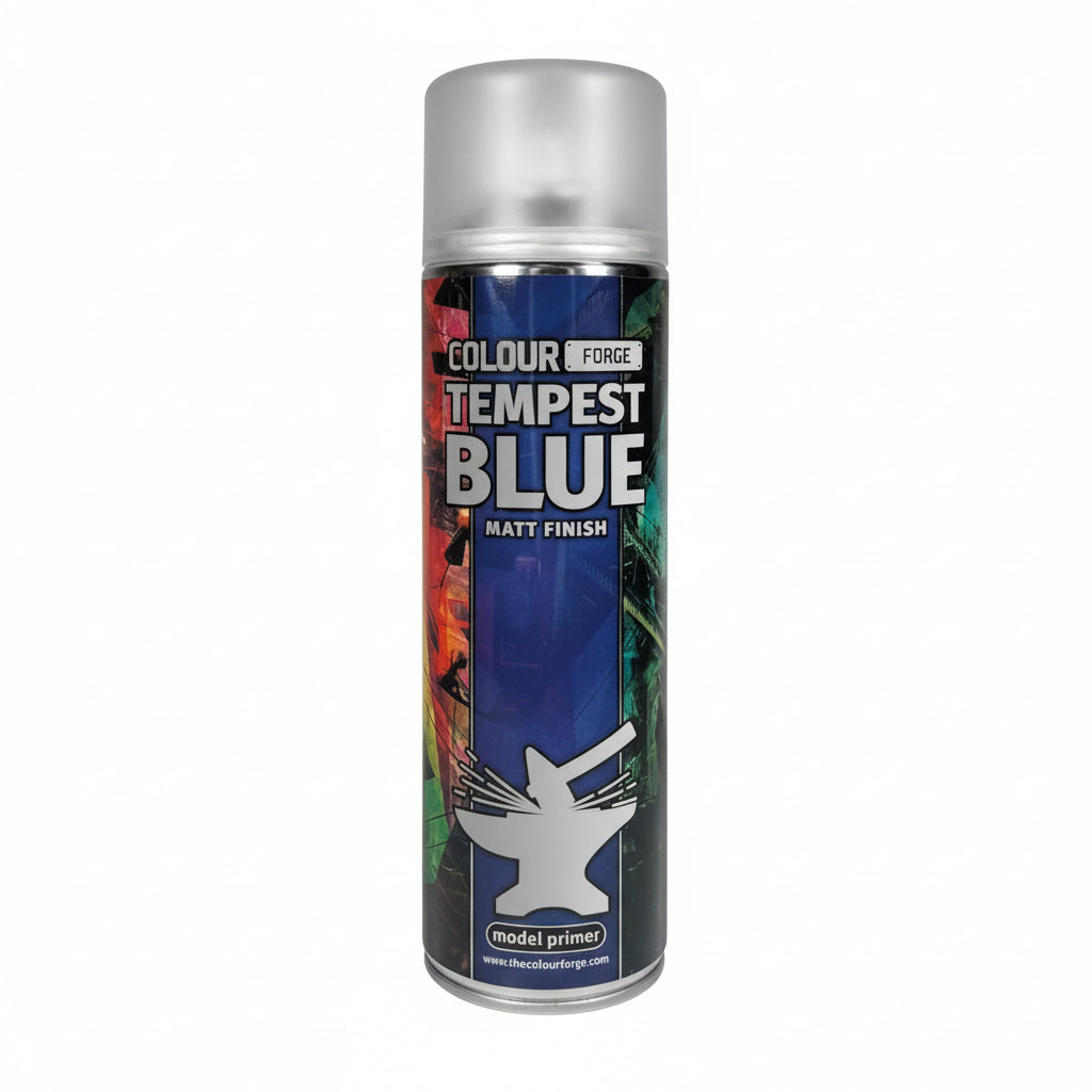 A can of Colour Forge aerosol spray primer in Tempest Blue, 500ml size, for miniature undercoat priming.