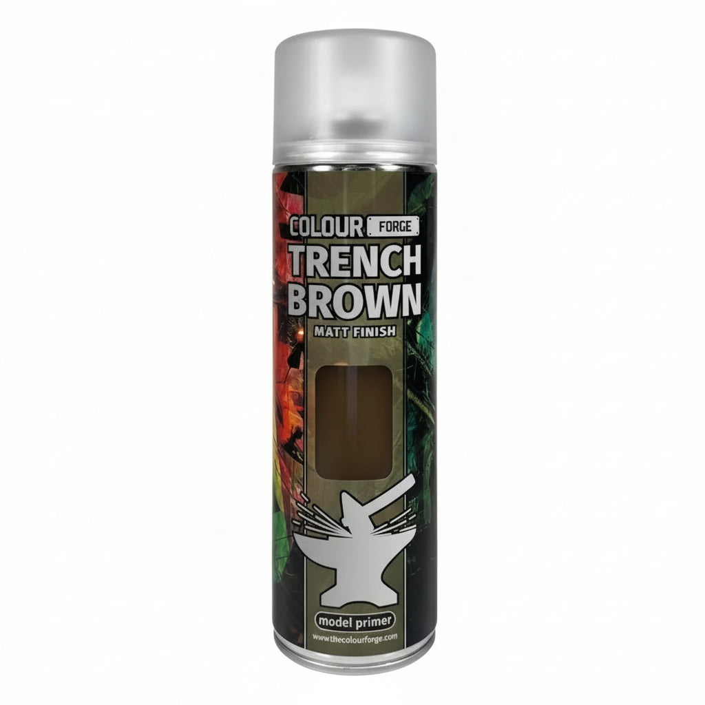 A can of Colour Forge aerosol spray primer in Trench Brown, 500ml size, for miniature undercoat priming.