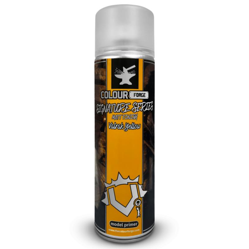 A can of Colour Forge aerosol spray primer in Valrak yellow, 500ml size, for miniature undercoat priming.