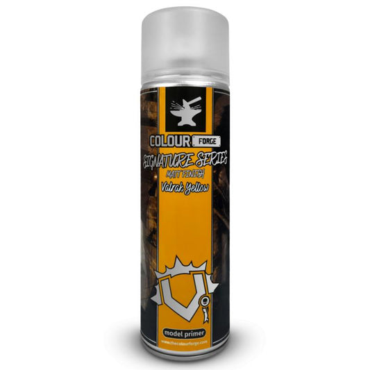 A can of Colour Forge aerosol spray primer in Valrak yellow, 500ml size, for miniature undercoat priming.