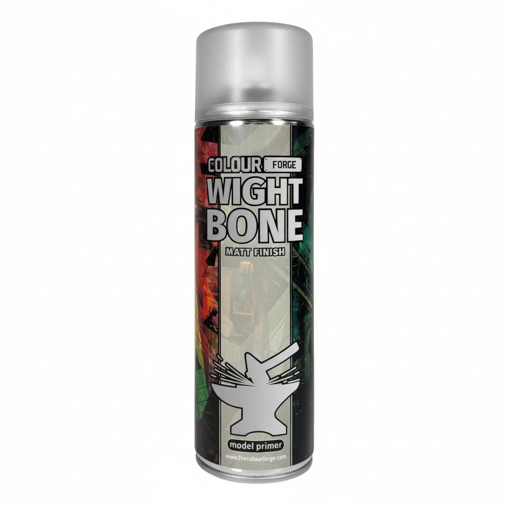A can of Colour Forge aerosol spray primer in Wight Bone, 500ml size, for miniature undercoat priming.