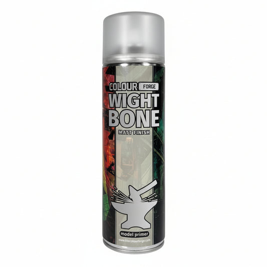 A can of Colour Forge aerosol spray primer in Wight Bone, 500ml size, for miniature undercoat priming.