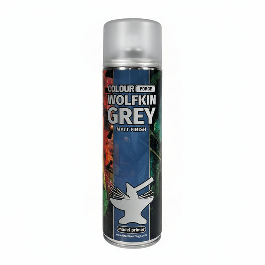 A can of Colour Forge aerosol spray primer in Wolfkin Grey, 500ml size, for miniature undercoat priming.