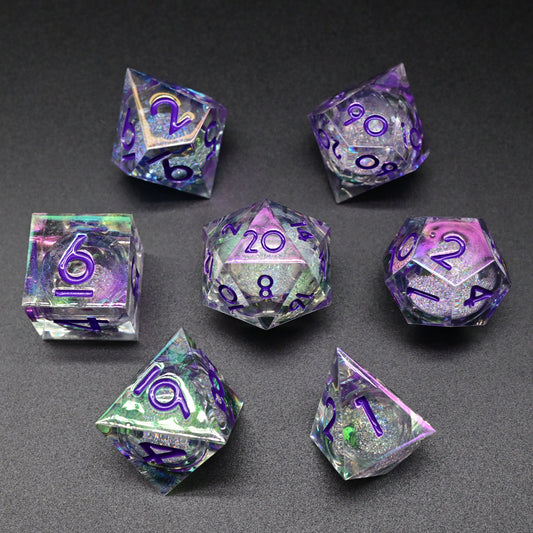 D&D Dice Set Sharp Edge Liquid Core - Colour Shift Clear, silver liquid (Purple)