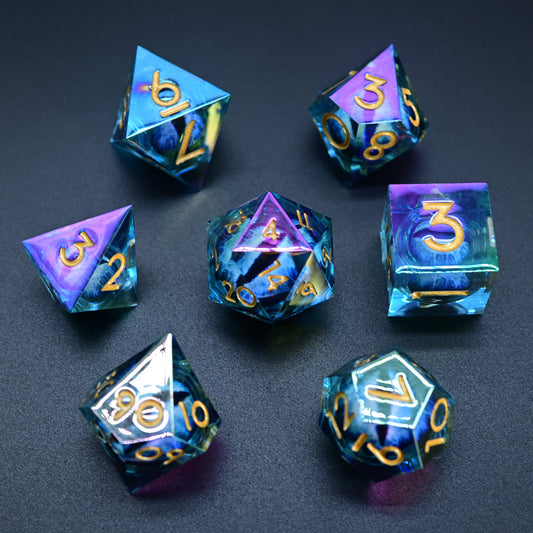 D&D Dice Set Sharp Edge Dragons Eye - Colour Shift Blue (Gold)