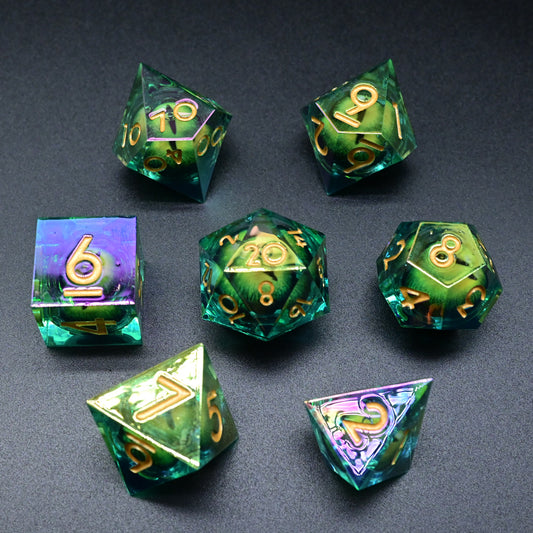 D&D Dice Set Sharp Edge Dragons Eye - Colour Shift Green (Gold)