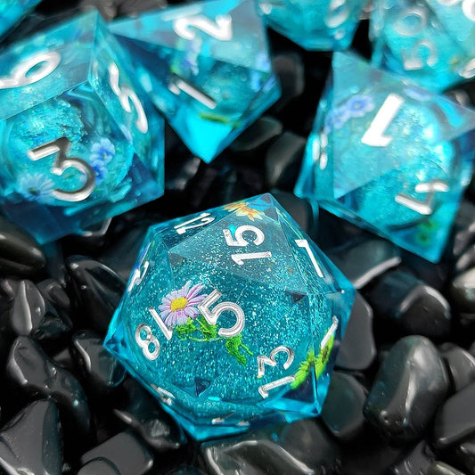 D&D Dice Set Sharp Edge with Flower - Blue (Silver)