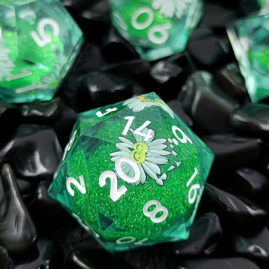 D&D Dice Set Sharp Edge with Flower - Green (White)