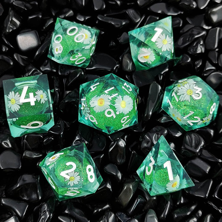 D&D Dice Set Sharp Edge with Flower - Green (White)