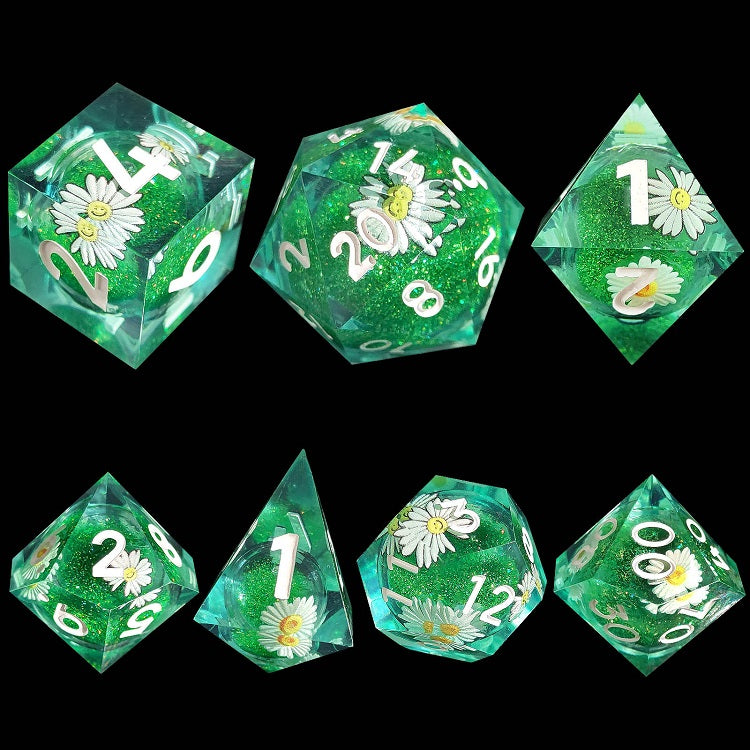 D&D Dice Set Sharp Edge with Flower - Green (White)