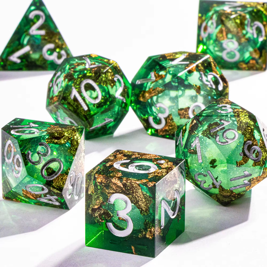 D&D Dice Set Sharp Edge Liquid Core - Forest Gold Fleck (Silver)