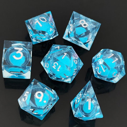 D&D Dice Set Sharp Edge Liquid Core - Glow Blue (Silver)