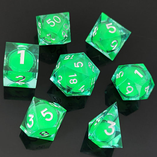 D&D Dice Set Sharp Edge Liquid Core - Glow Green (Silver)