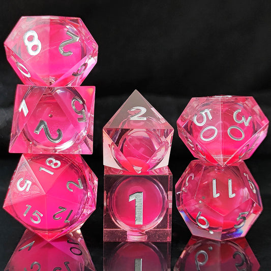 D&D Dice Set Sharp Edge Liquid Core - Glow Pink (Silver)