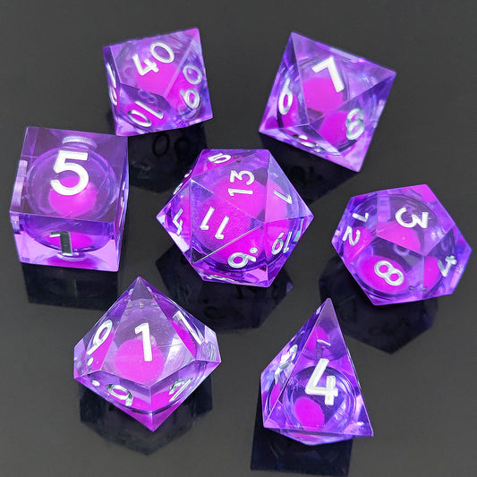 D&D Dice Set Sharp Edge Liquid Core - Glow Purple (Silver)