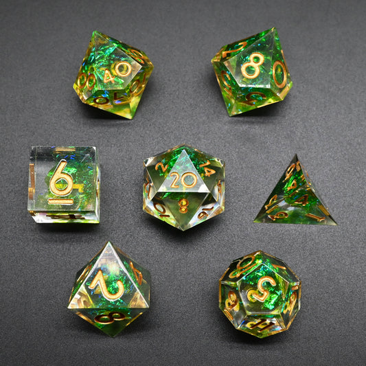 D&D Dice Set Sharp Edge - Green Swirl (Gold)