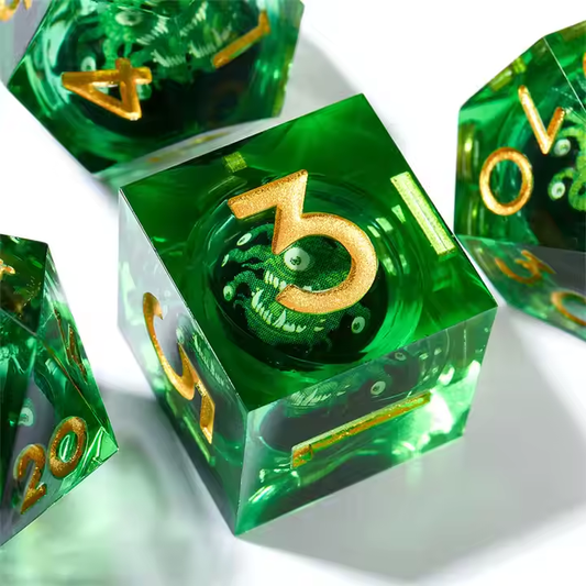 D&D Dice Set Sharp Edge Liquid Core - Green Beholder (Gold)