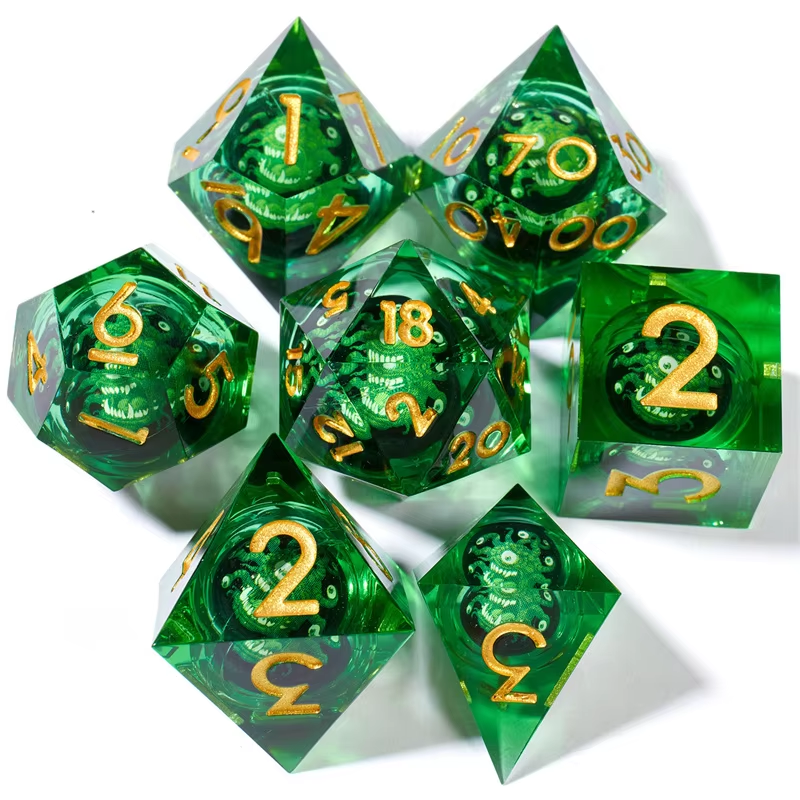 D&D Dice Set Sharp Edge Liquid Core - Green Beholder (Gold)