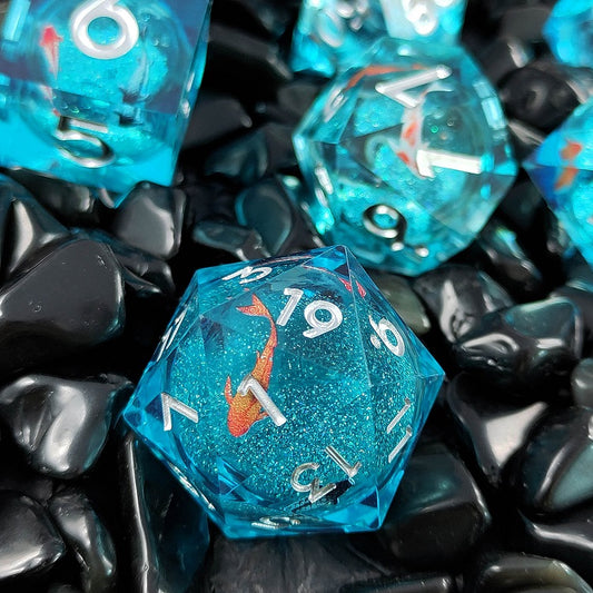 D&D Dice Set Sharp Edge Liquid Core with Koi fish - Blue (Silver)