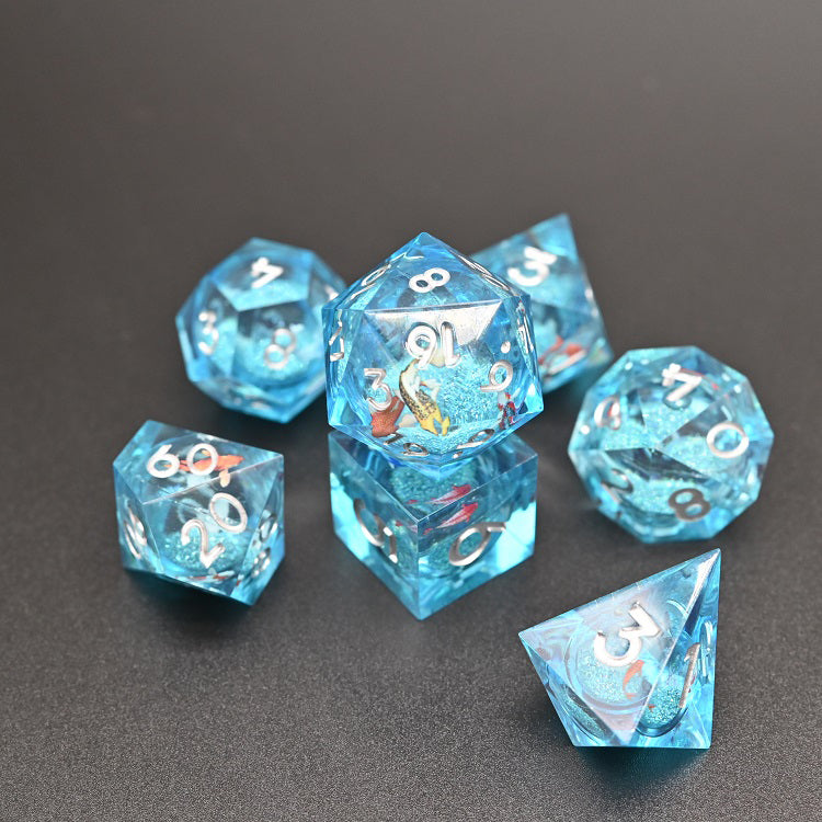 D&D Dice Set Sharp Edge Liquid Core with Koi fish - Blue (Silver)