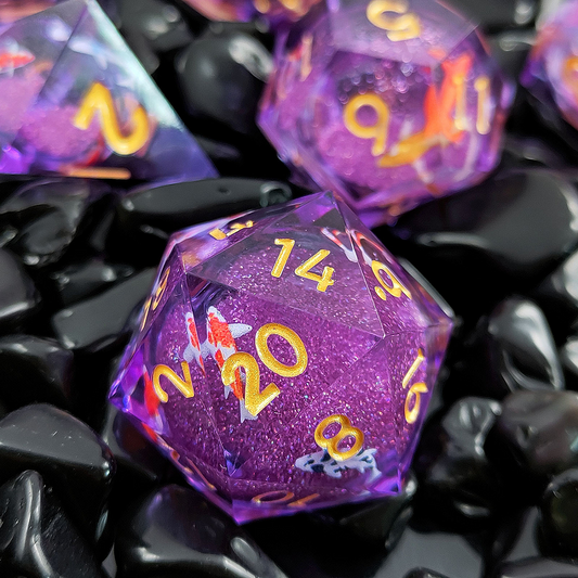 D&D Dice Set Sharp Edge Liquid Core with Koi fish - Purple (Gold)