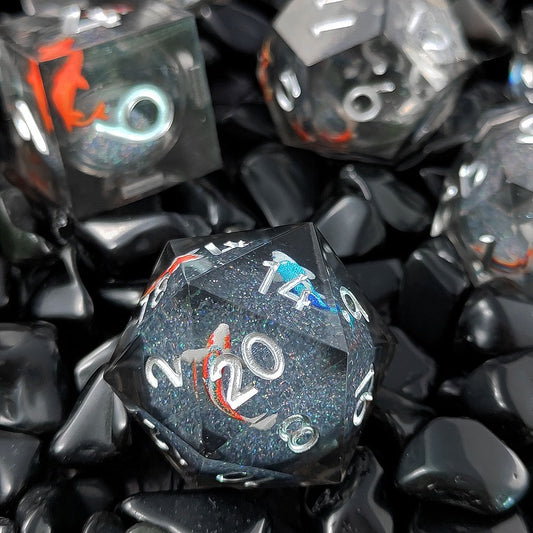 D&D Dice Set Sharp Edge Liquid Core with Koi fish - Black (Silver)