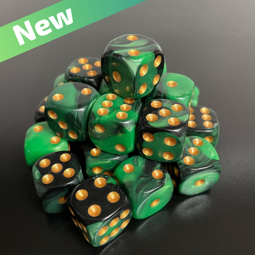 16mm Dice Glossy Pearl Green-Black (Gold pips)