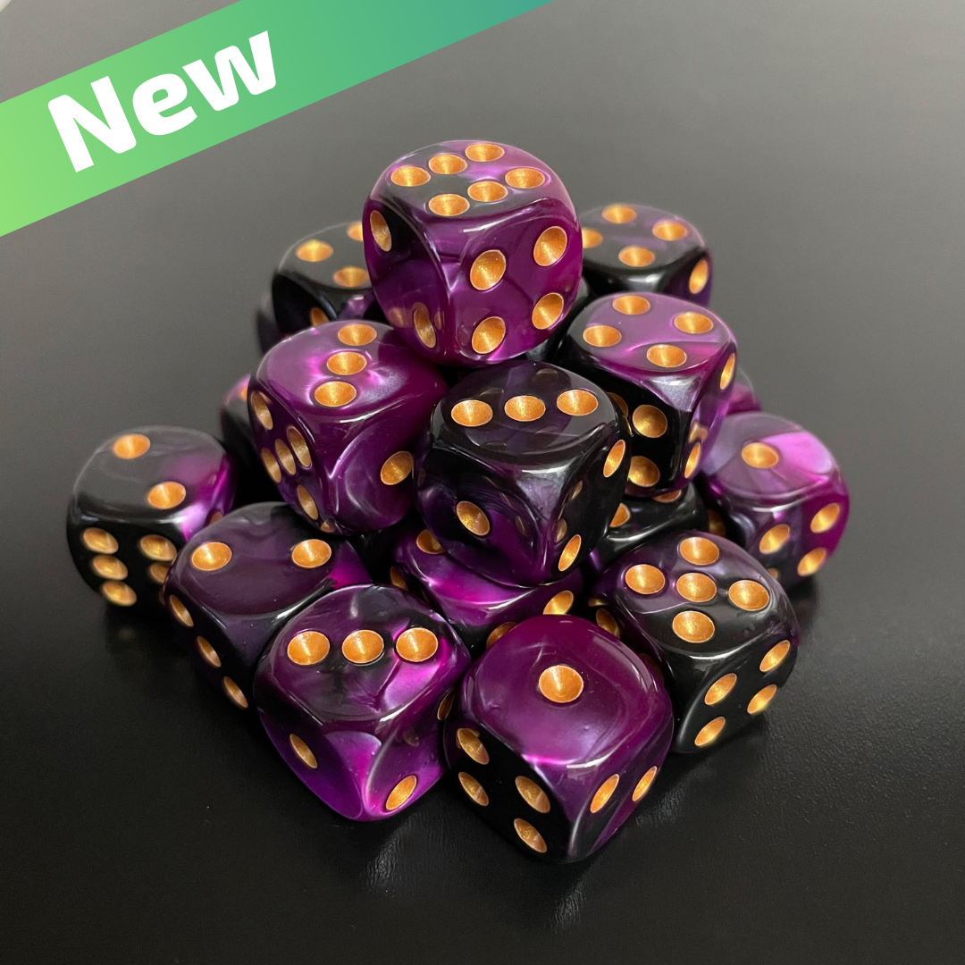 16mm Dice Glossy Pearl Purple-Black (Gold pips)