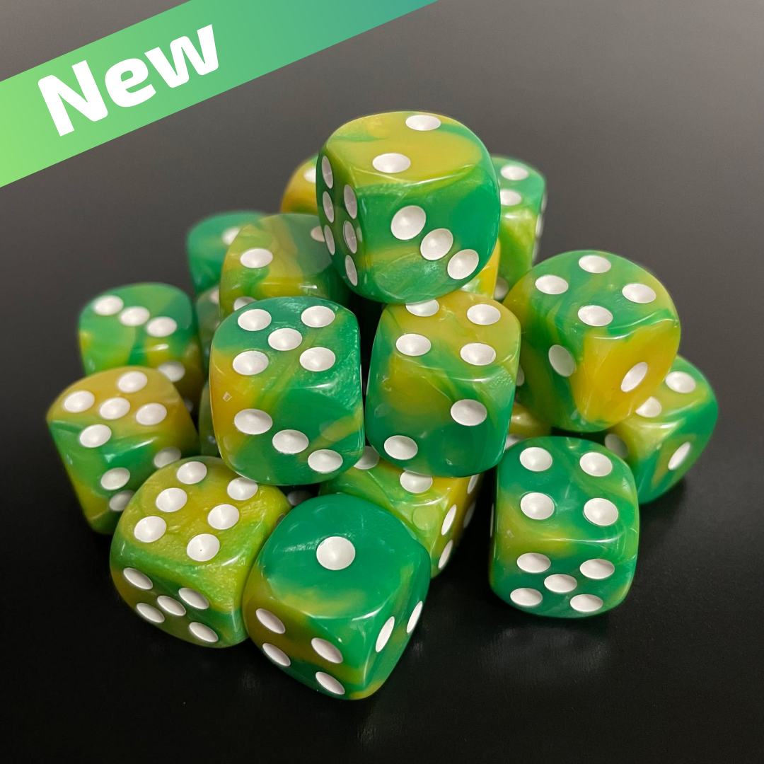 16mm Dice Glossy Pearl Yellow-Green (White pips)