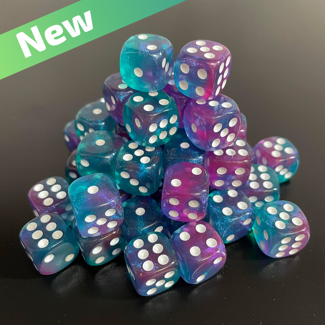 12mm Dice Transparent Blue-Purple Opal (White pips)