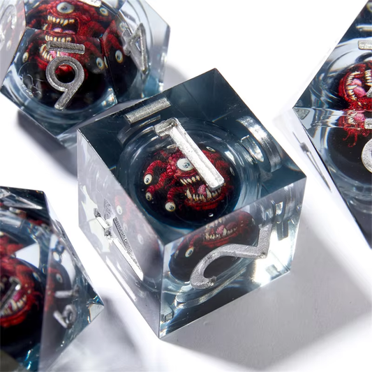 D&D Dice Set Sharp Edge Liquid Core - Smoky Red Beholder (Silver)
