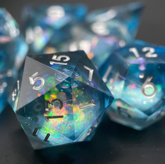 D&D Dice Set Sharp Edge Liquid Core - Ocean Depths (Silver)