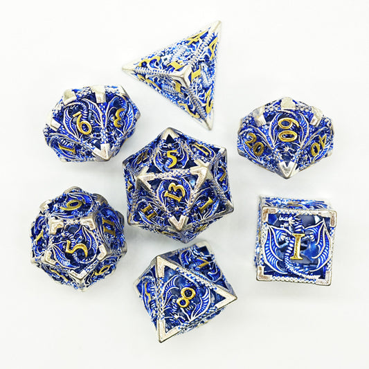 D&D Dice Set Metal Dragon - Silver Blue (Gold)