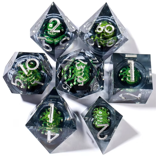 D&D Dice Set Sharp Edge Liquid Core - Smoky Green Beholder (Silver)