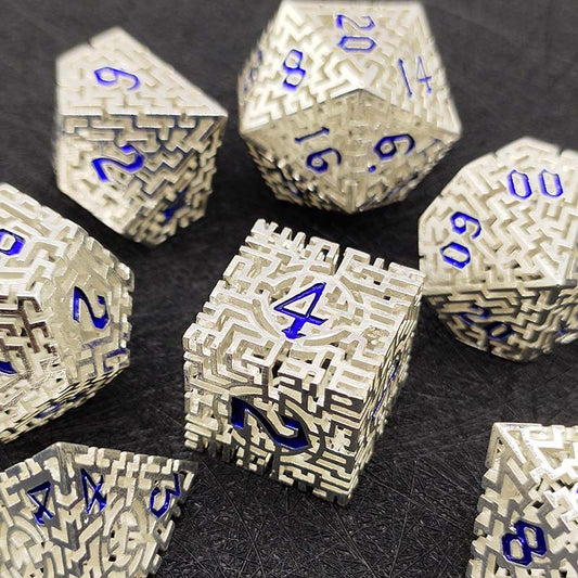 D&D Dice Set Metal Maze - White Aluminium (Blue)