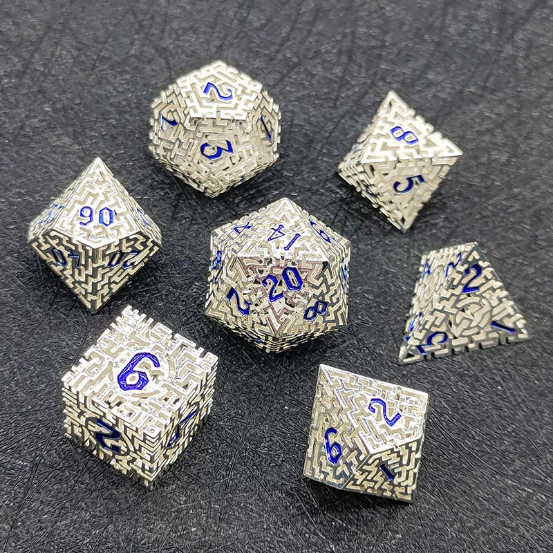 D&D Dice Set Metal Maze - White Aluminium (Blue)