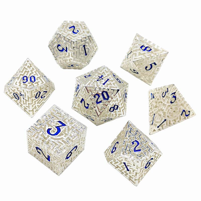 D&D Dice Set Metal Maze - White Aluminium (Blue)
