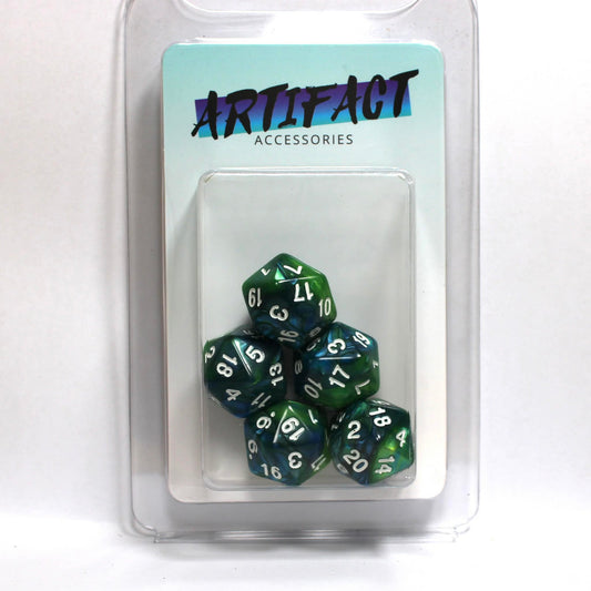 D20s (5) Pearl Green & Blue (white) dice