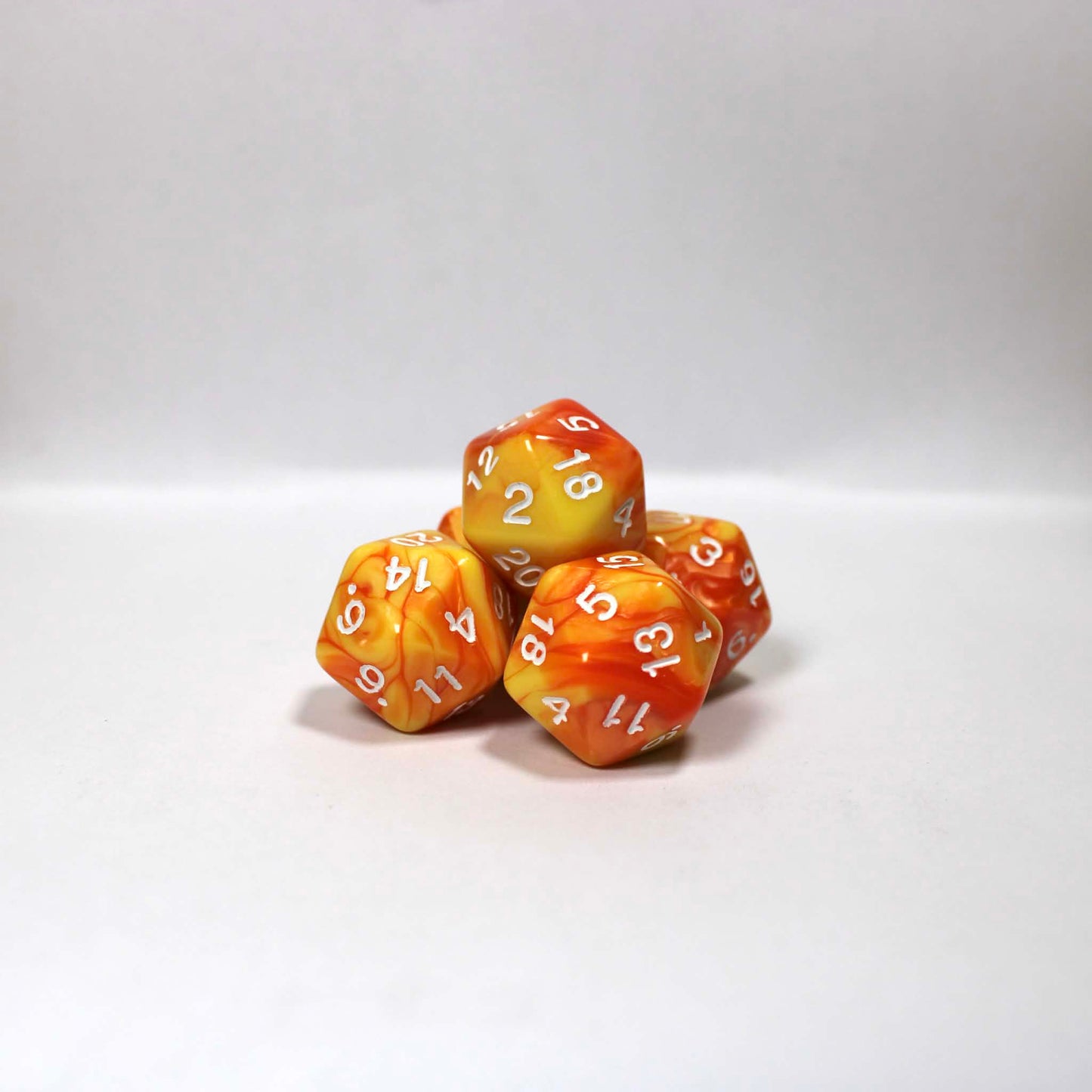 D20s (5) Pearl Orange & Yellow (white) dice