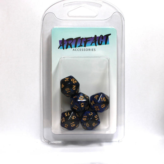 D20s (5) Pearl Blue & Black (gold) dice