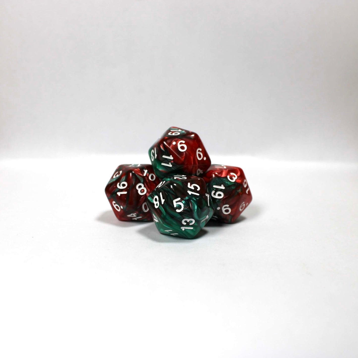 D20s (5) Pearl Green & Red (White) dice